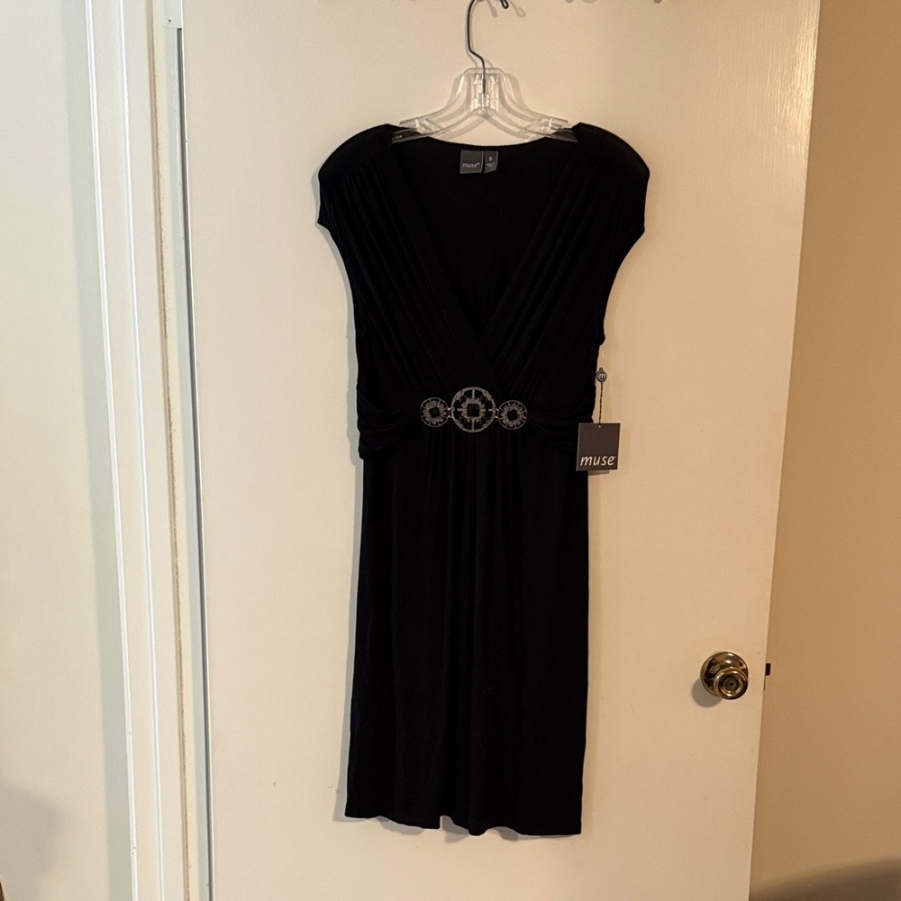 Muse Black Midi Dress with Embellished Waist
